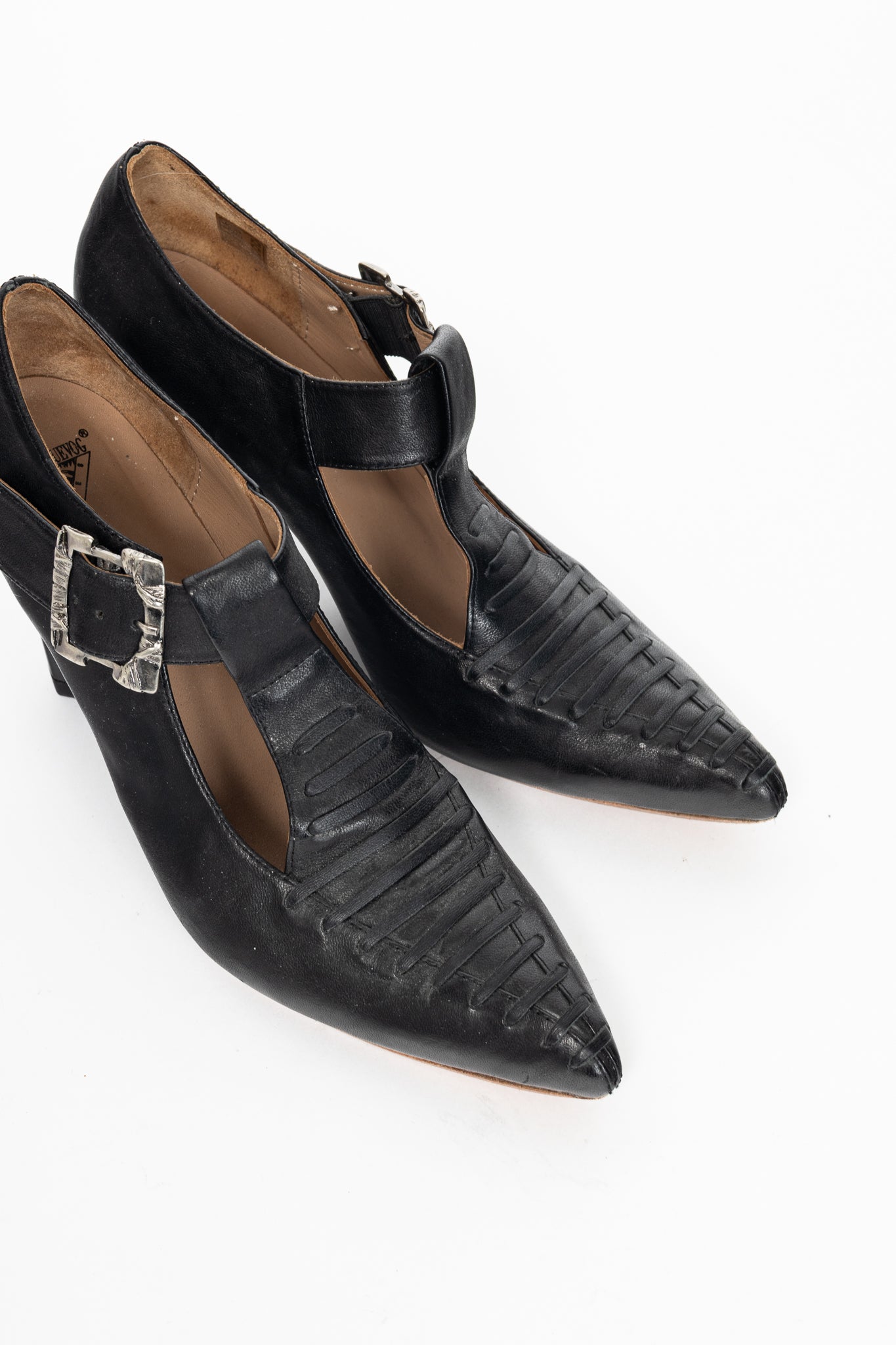John Fluevog Pollux Black T-Strap Buckle Heels