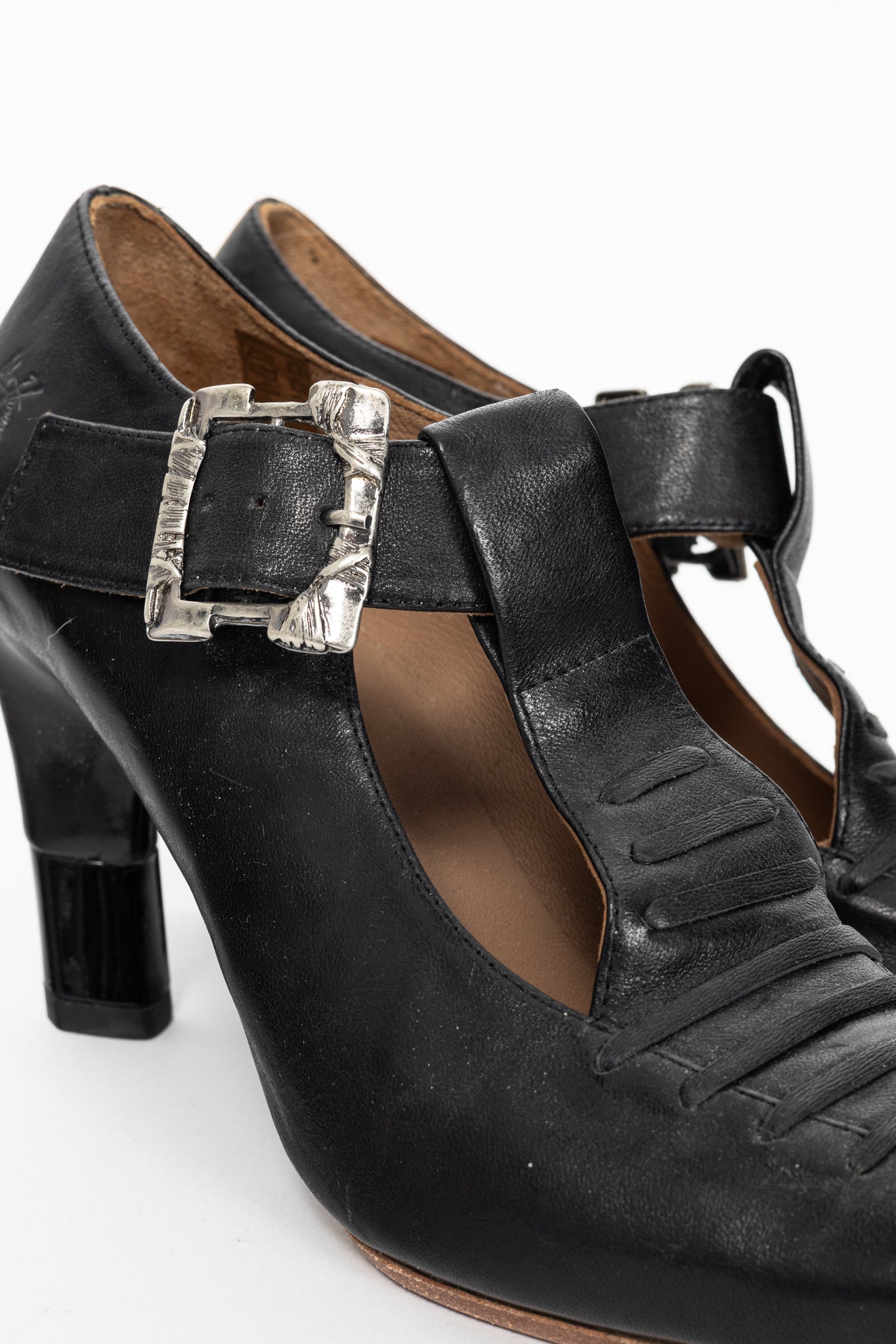 John Fluevog Pollux Black T-Strap Buckle Heels