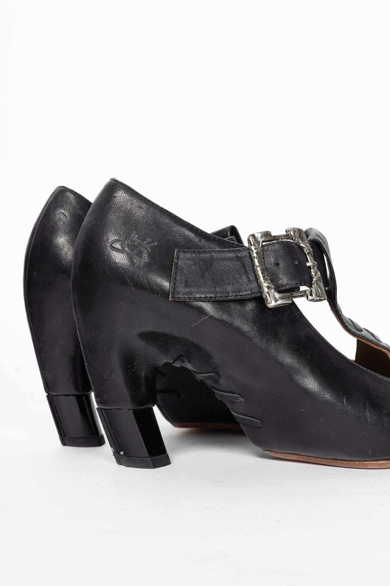 John Fluevog Pollux Black T-Strap Buckle Heels