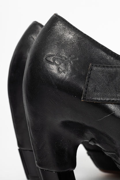 John Fluevog Pollux Black T-Strap Buckle Heels