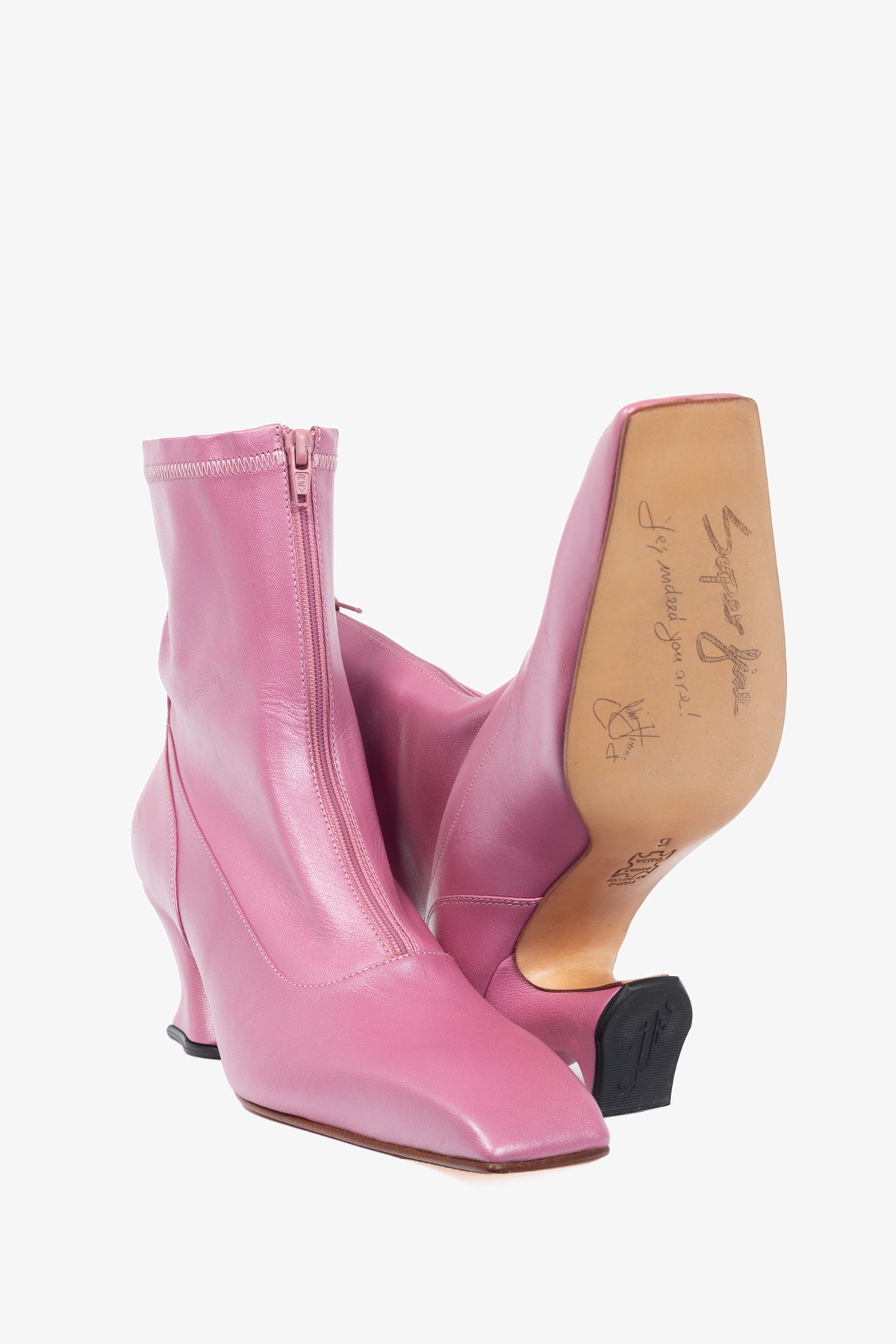 John Fluevog Super Fine Countess Pink Leather Front-Zip Boots
