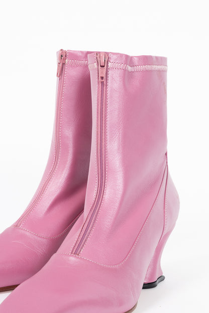 John Fluevog Super Fine Countess Pink Leather Front-Zip Boots