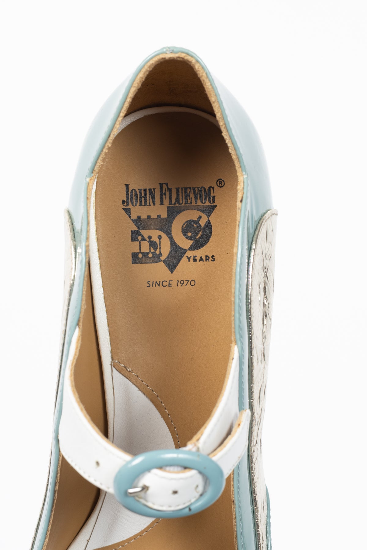 John Fluevog Celestial Communication Aquila Blue & Silver Patent Mary Jane Heels