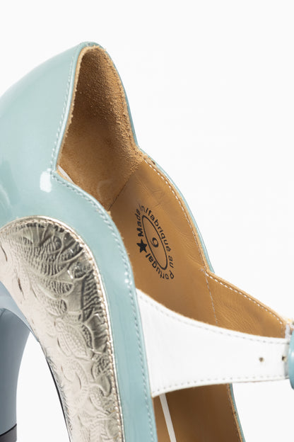 John Fluevog Celestial Communication Aquila Blue & Silver Patent Mary Jane Heels