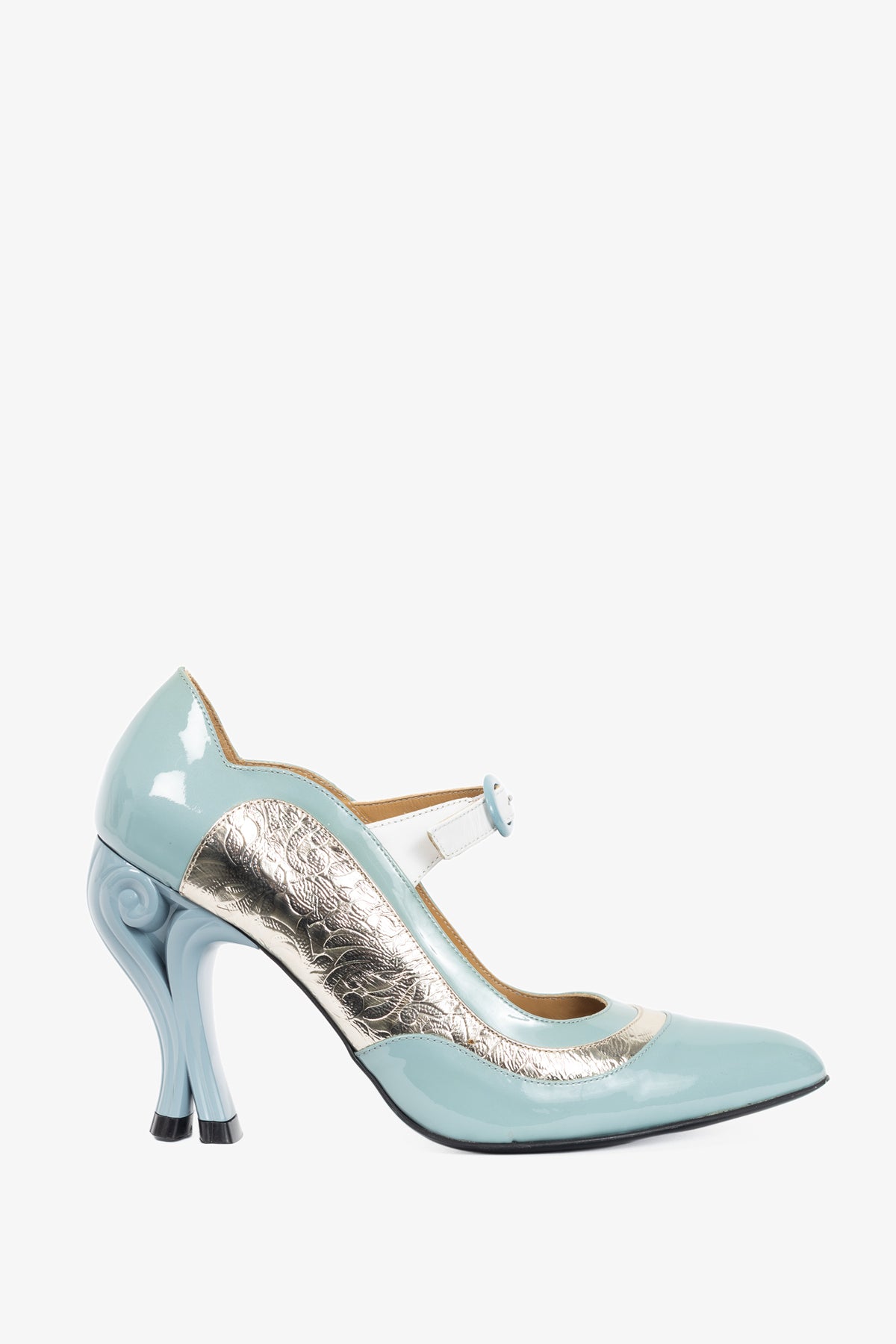 John Fluevog Celestial Communication Aquila Blue & Silver Patent Mary Jane Heels