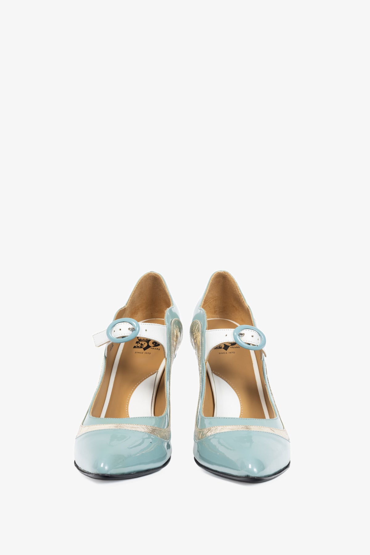John Fluevog Celestial Communication Aquila Blue & Silver Patent Mary Jane Heels