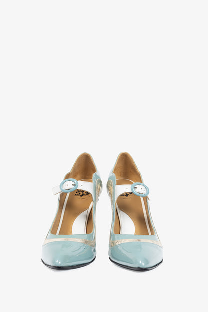John Fluevog Celestial Communication Aquila Blue & Silver Patent Mary Jane Heels