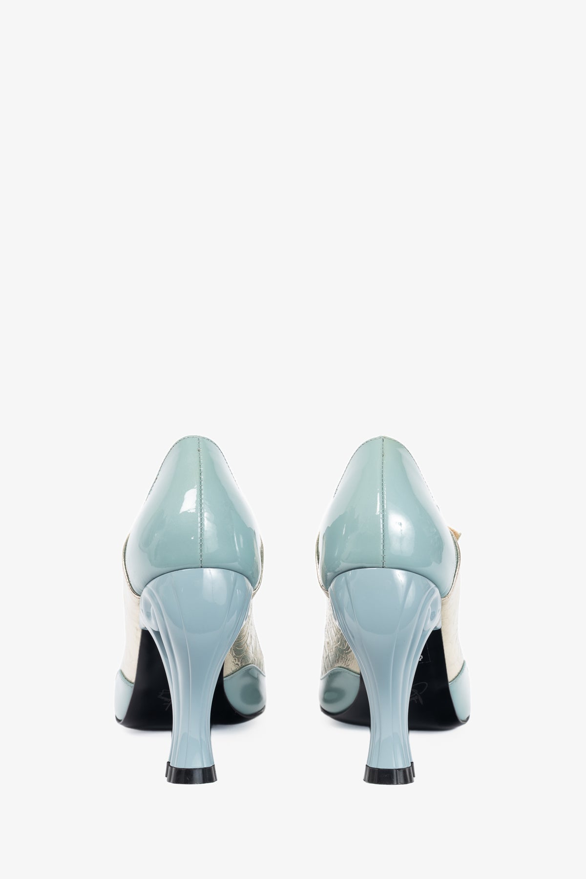 John Fluevog Celestial Communication Aquila Blue & Silver Patent Mary Jane Heels