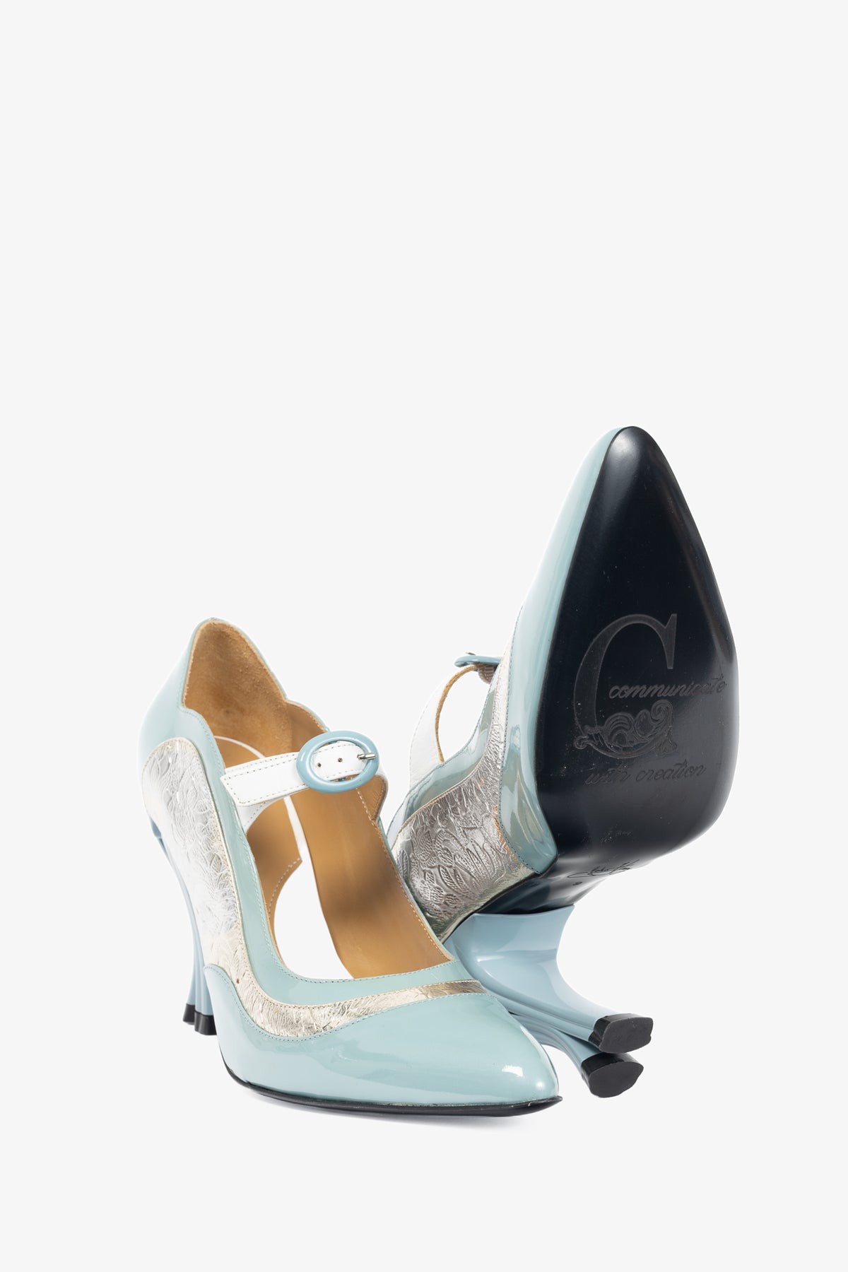 John Fluevog Celestial Communication Aquila Blue & Silver Patent Mary Jane Heels