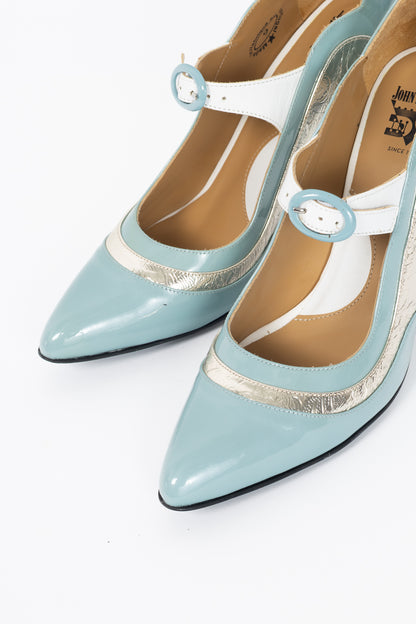 John Fluevog Celestial Communication Aquila Blue & Silver Patent Mary Jane Heels