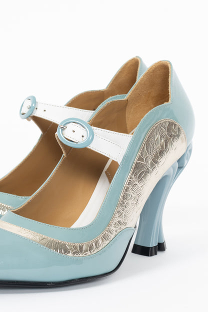 John Fluevog Celestial Communication Aquila Blue & Silver Patent Mary Jane Heels