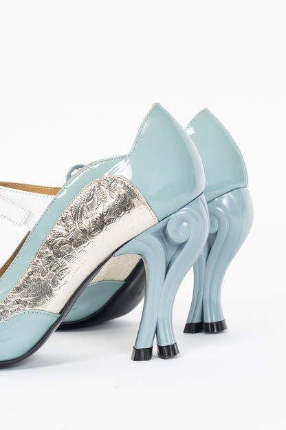 John Fluevog Celestial Communication Aquila Blue & Silver Patent Mary Jane Heels