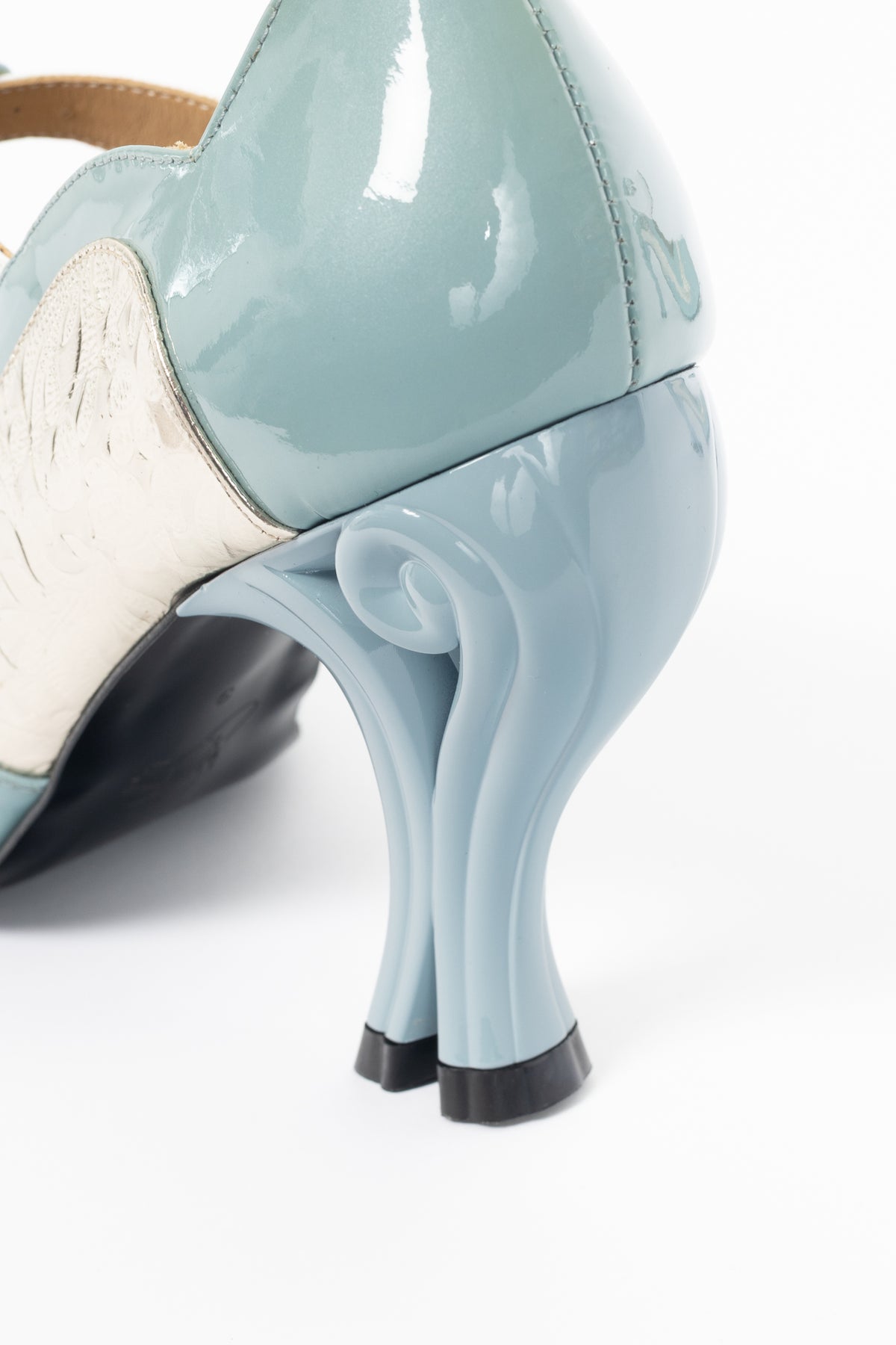 John Fluevog Celestial Communication Aquila Blue & Silver Patent Mary Jane Heels