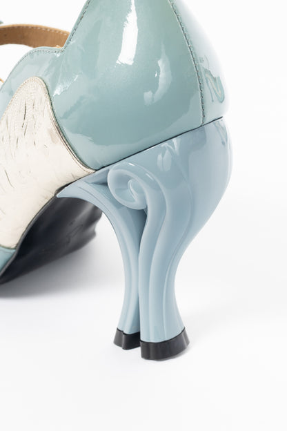 John Fluevog Celestial Communication Aquila Blue & Silver Patent Mary Jane Heels