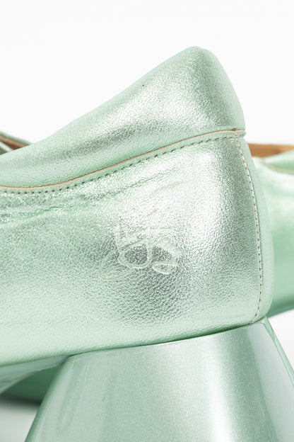 John Fluevog F-Trip Sol Green Metallic Mary Jane Pumps