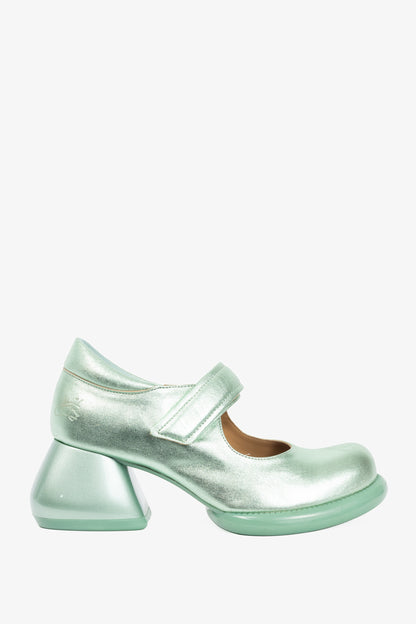 John Fluevog F-Trip Sol Green Metallic Mary Jane Pumps