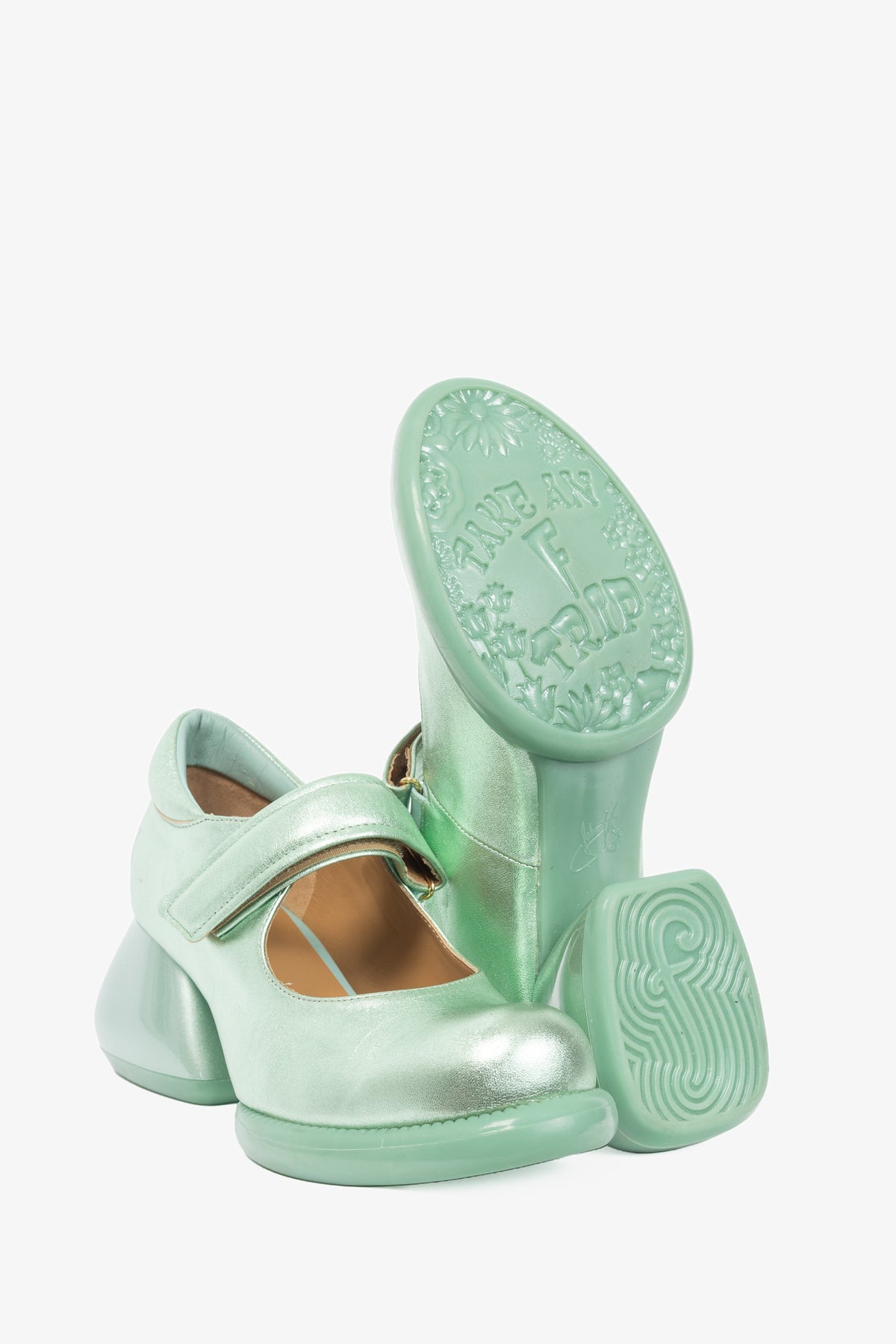 John Fluevog F-Trip Sol Green Metallic Mary Jane Pumps