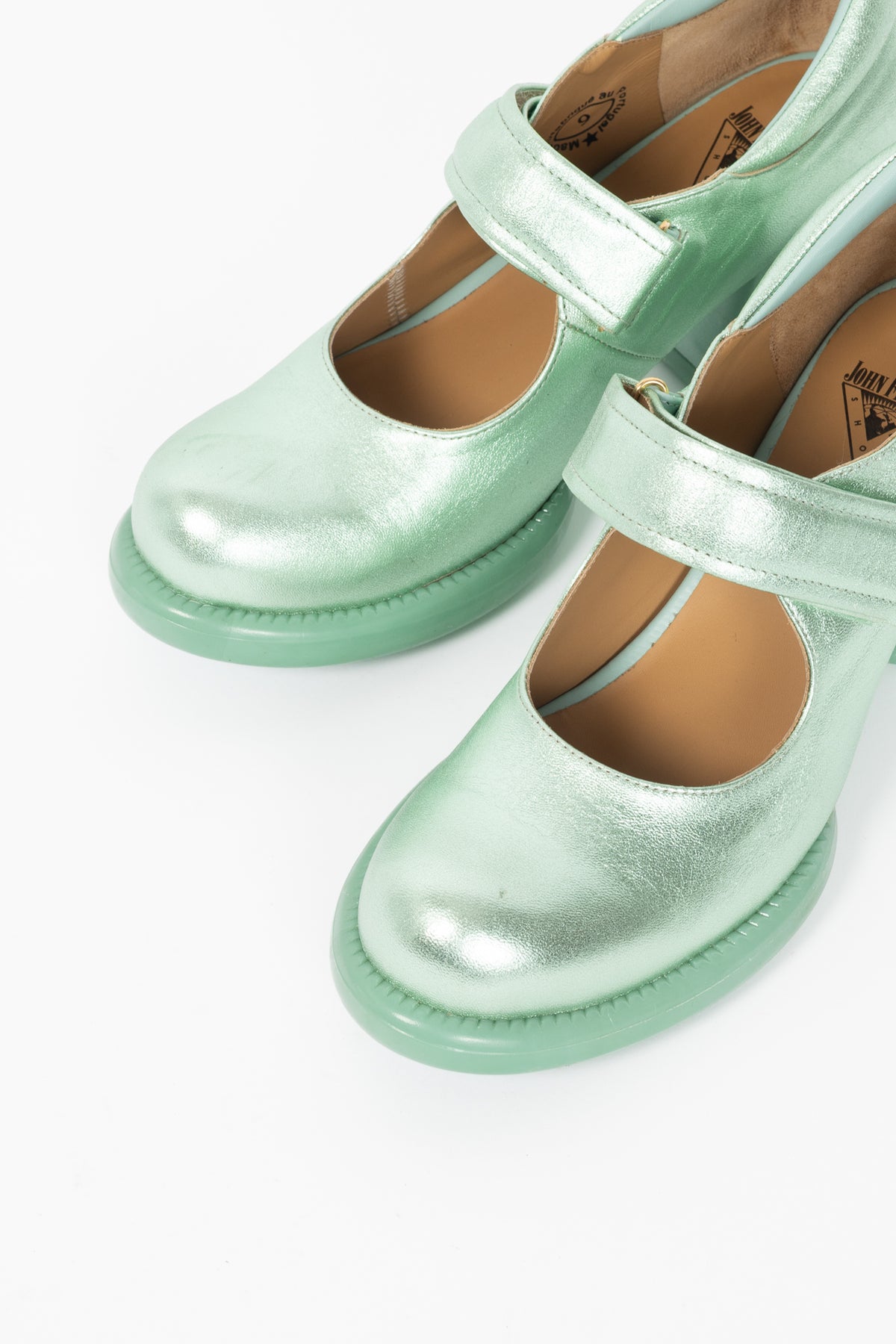 John Fluevog F-Trip Sol Green Metallic Mary Jane Pumps
