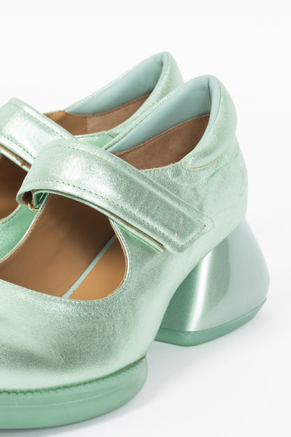 John Fluevog F-Trip Sol Green Metallic Mary Jane Pumps