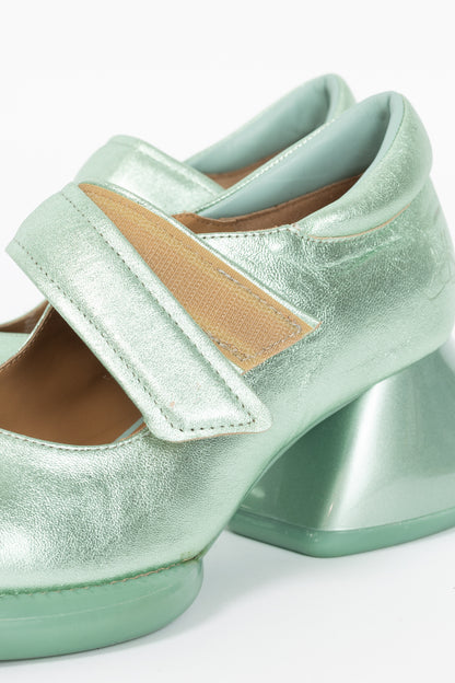 John Fluevog F-Trip Sol Green Metallic Mary Jane Pumps