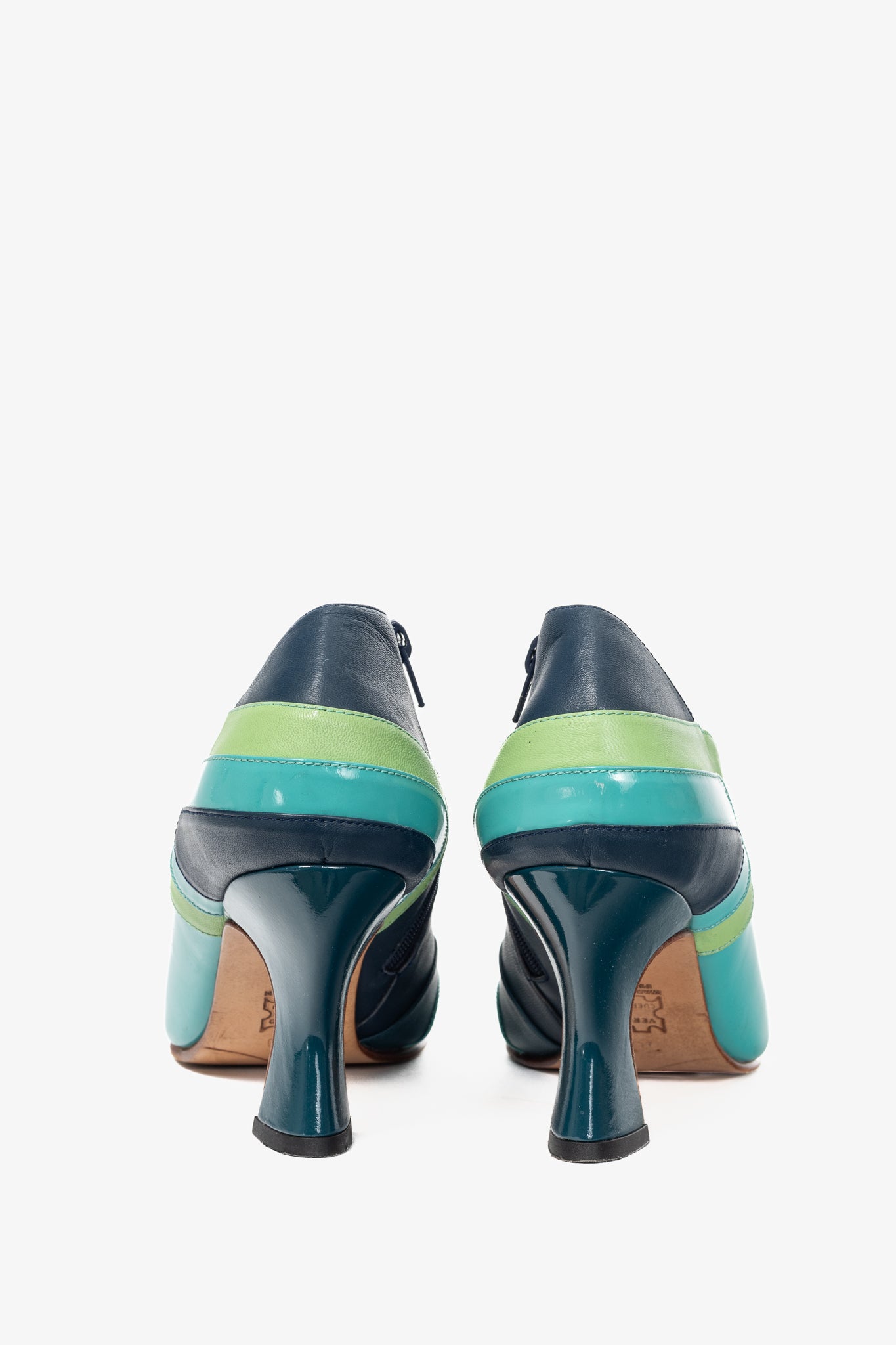 John Fluevog Amadeus Blue & Green Layered Leather Heels