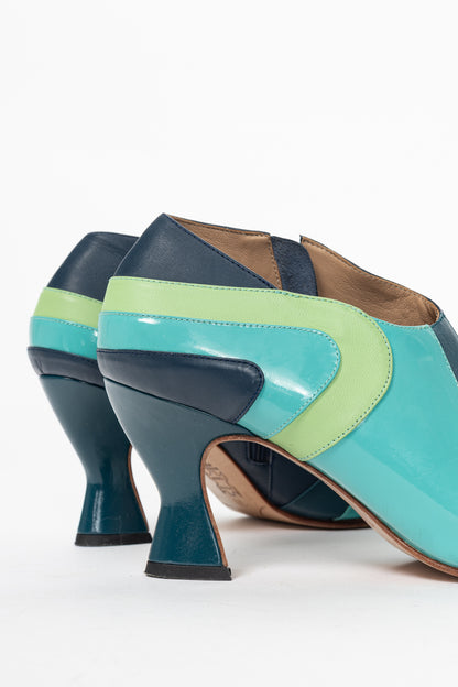 John Fluevog Amadeus Blue & Green Layered Leather Heels