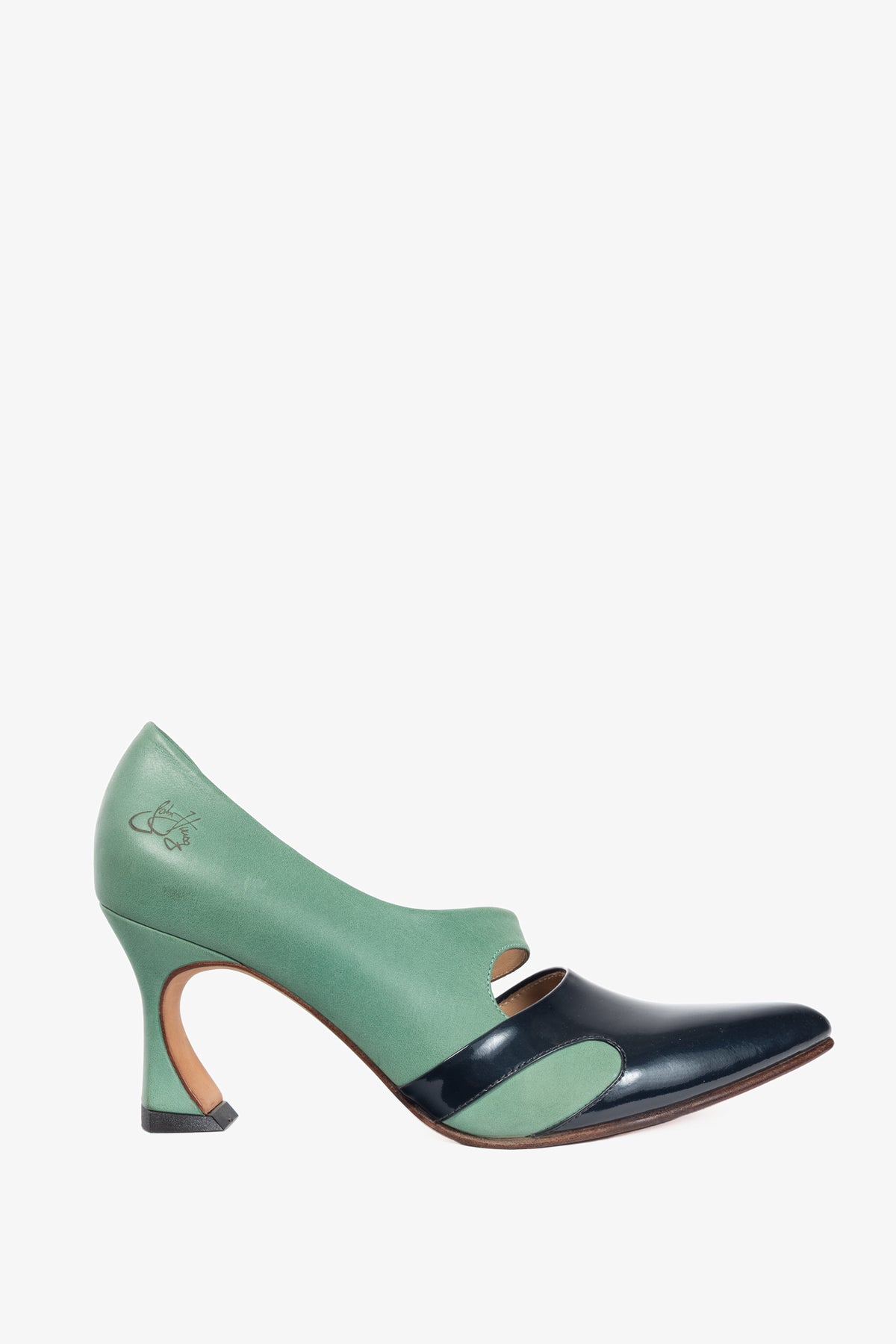 John Fluevog Big Presence Earhart Aqua Asymmetrical D'Orsay Colour-Block Pumps