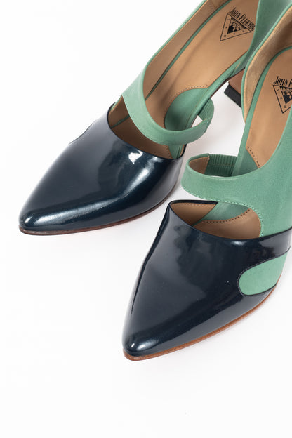 John Fluevog Big Presence Earhart Aqua Asymmetrical D'Orsay Colour-Block Pumps