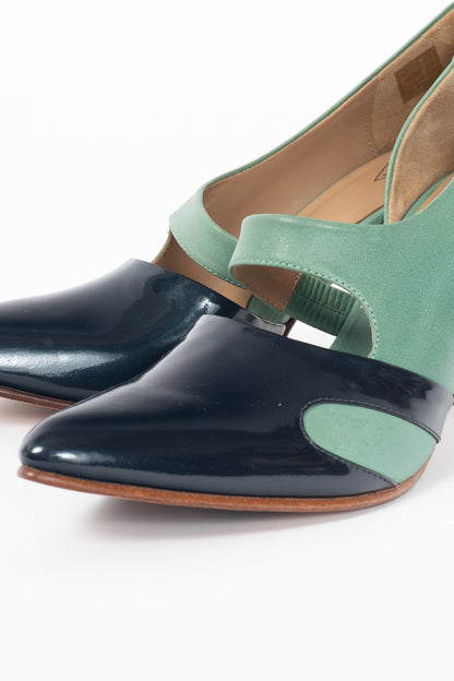 John Fluevog Big Presence Earhart Aqua Asymmetrical D'Orsay Colour-Block Pumps