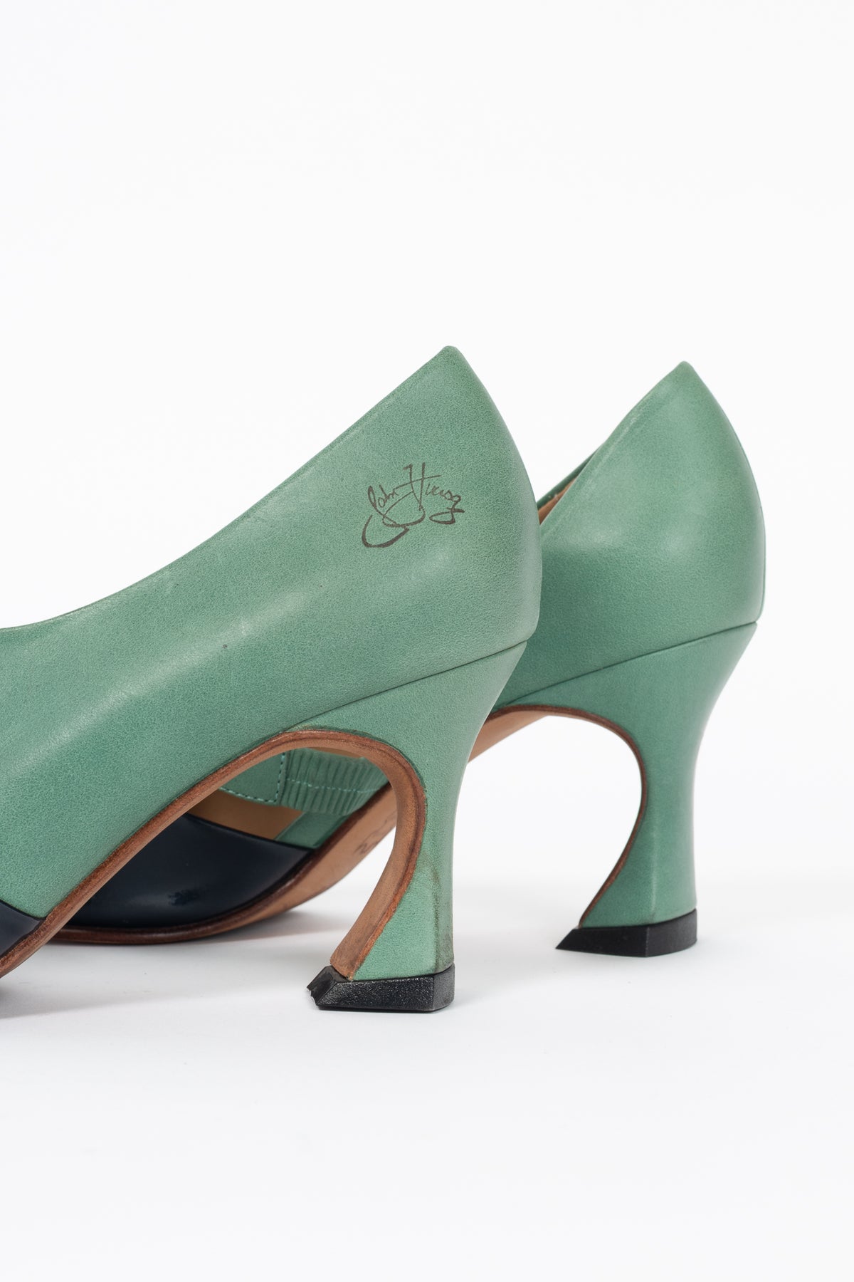 John Fluevog Big Presence Earhart Aqua Asymmetrical D'Orsay Colour-Block Pumps