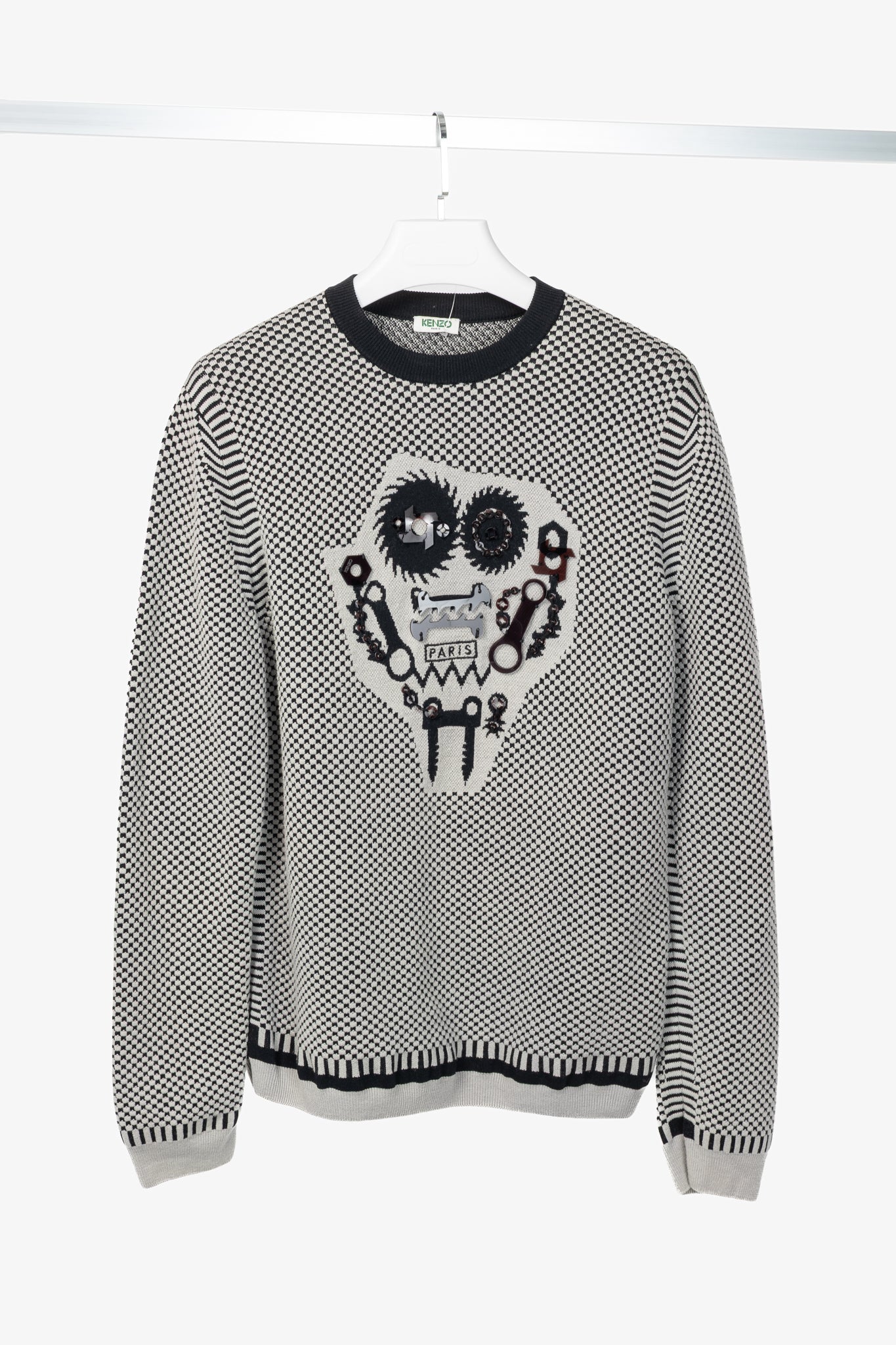 Kenzo Grey Wool-Blend Gear Jacquard Sweater