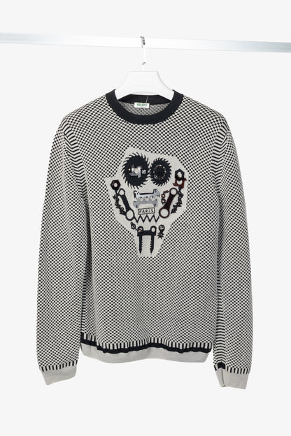 Kenzo Grey Wool-Blend Gear Jacquard Sweater