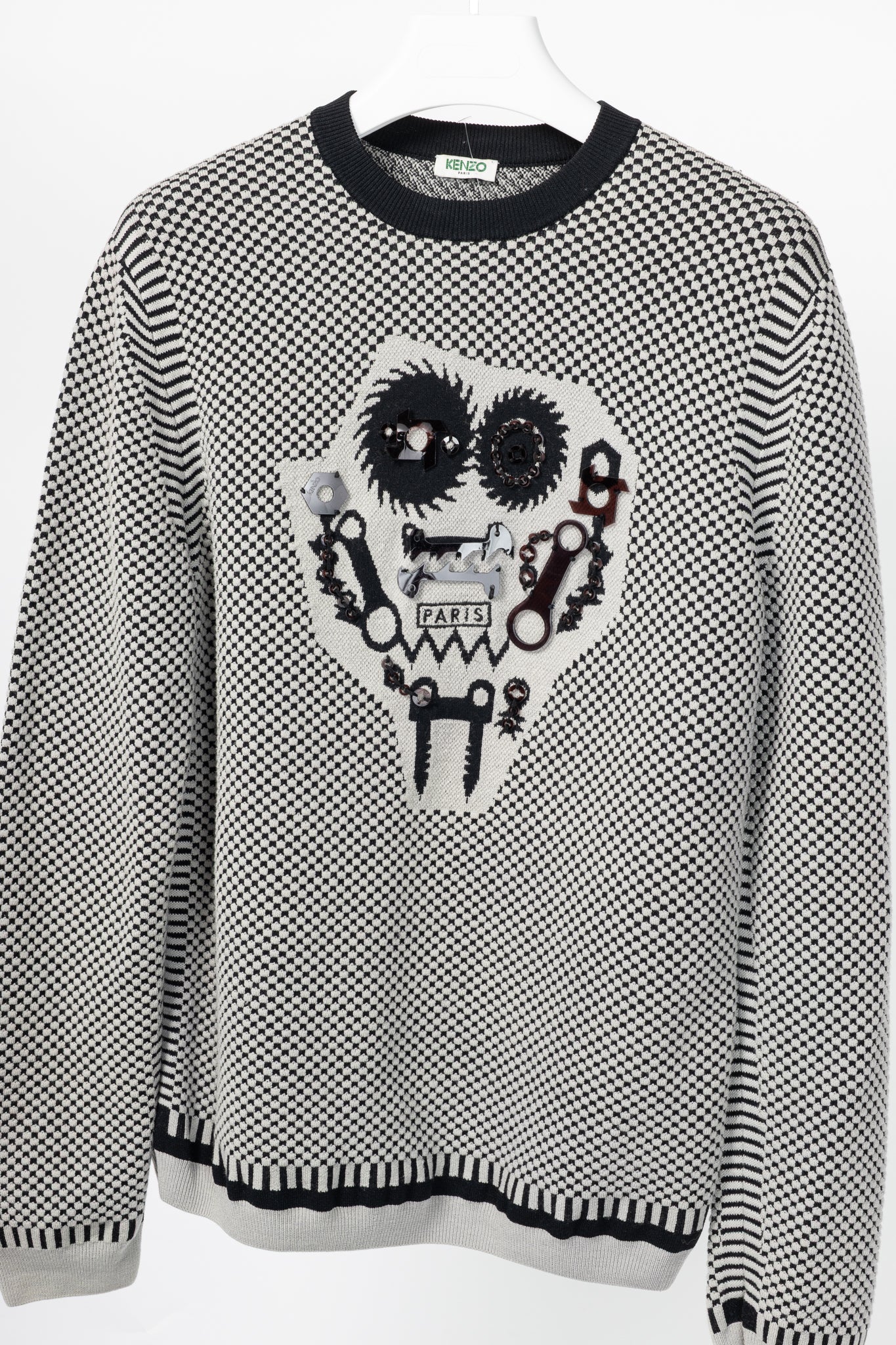 Kenzo Grey Wool-Blend Gear Jacquard Sweater