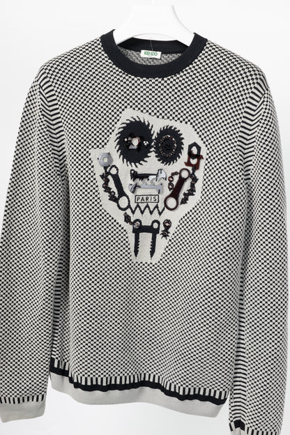 Kenzo Grey Wool-Blend Gear Jacquard Sweater