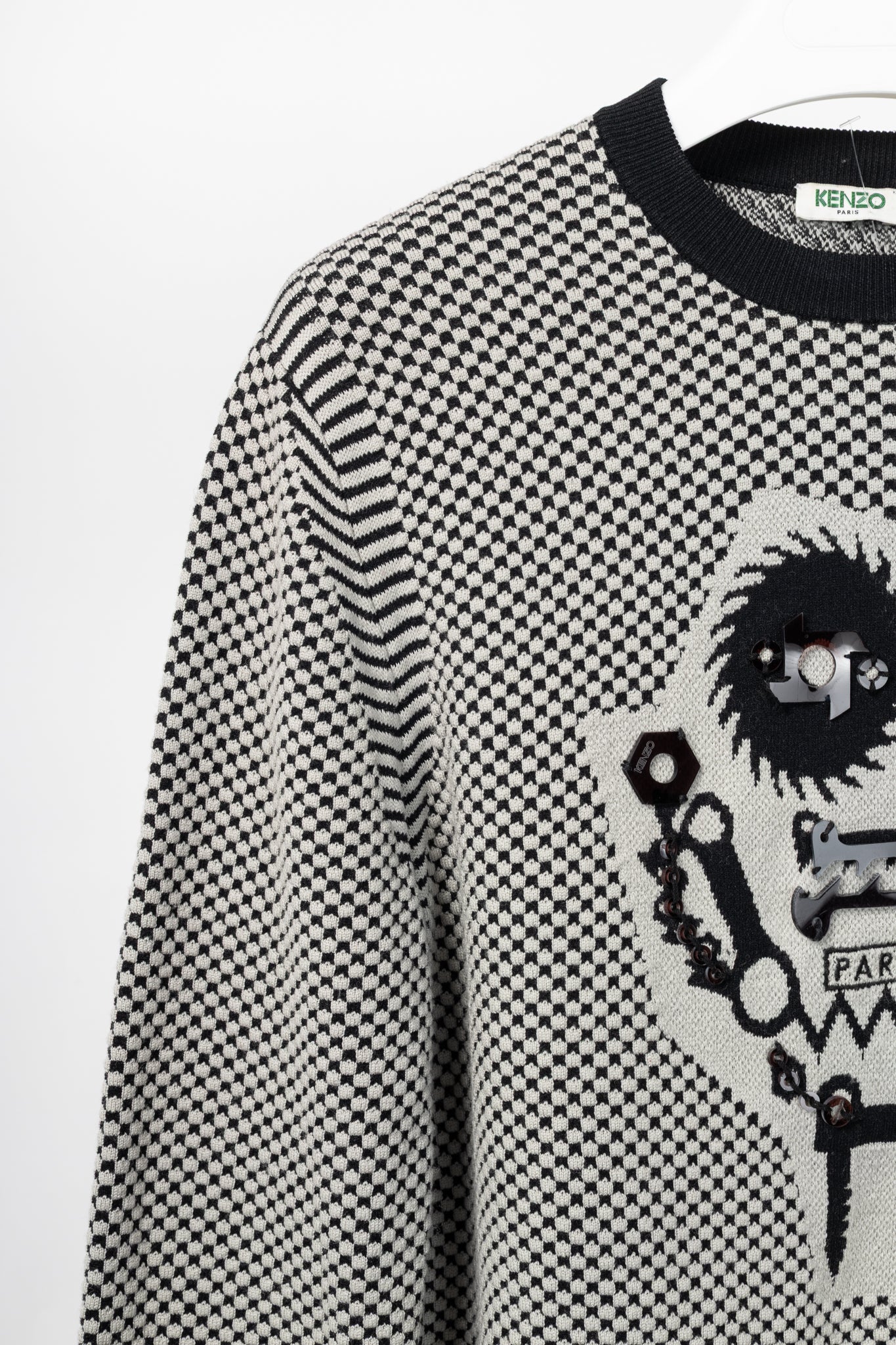 Kenzo Grey Wool-Blend Gear Jacquard Sweater
