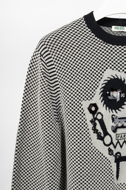 Kenzo Grey Wool-Blend Gear Jacquard Sweater
