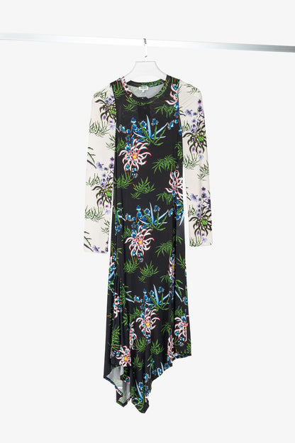 Kenzo SS20 Black Sea Lily Long Sleeve Asymmetrical Midi Dress