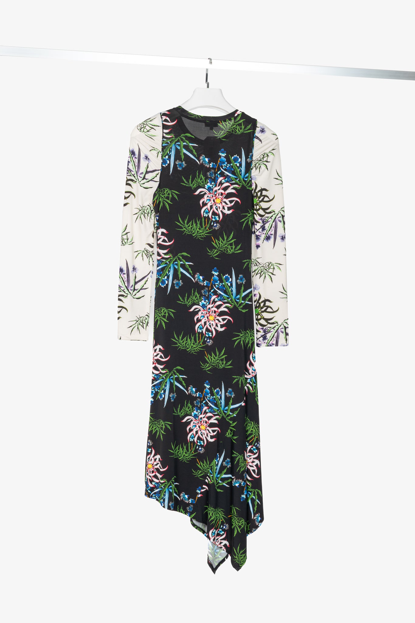 Kenzo SS20 Black Sea Lily Long Sleeve Asymmetrical Midi Dress