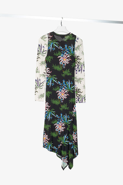 Kenzo SS20 Black Sea Lily Long Sleeve Asymmetrical Midi Dress