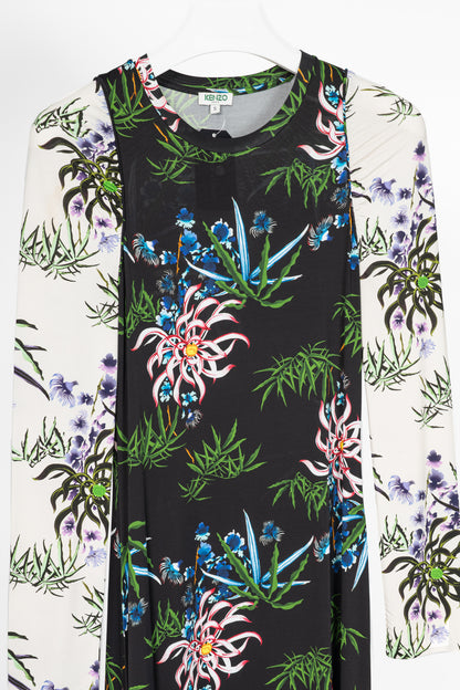 Kenzo SS20 Black Sea Lily Long Sleeve Asymmetrical Midi Dress