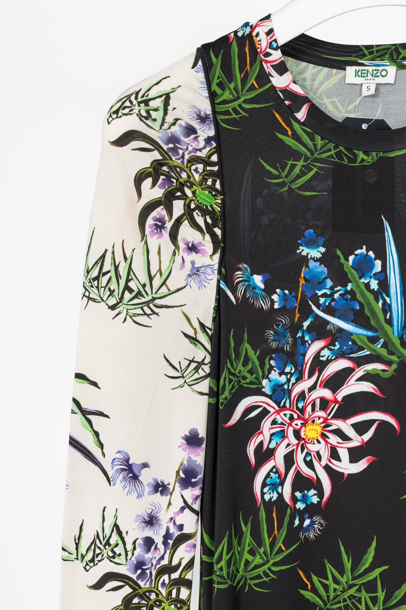 Kenzo SS20 Black Sea Lily Long Sleeve Asymmetrical Midi Dress