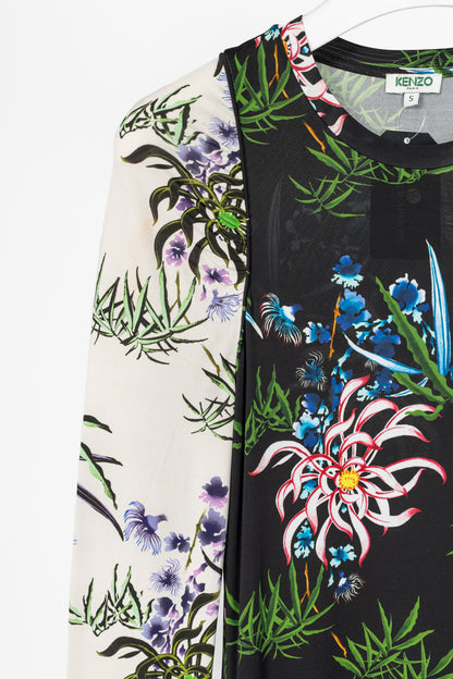 Kenzo SS20 Black Sea Lily Long Sleeve Asymmetrical Midi Dress