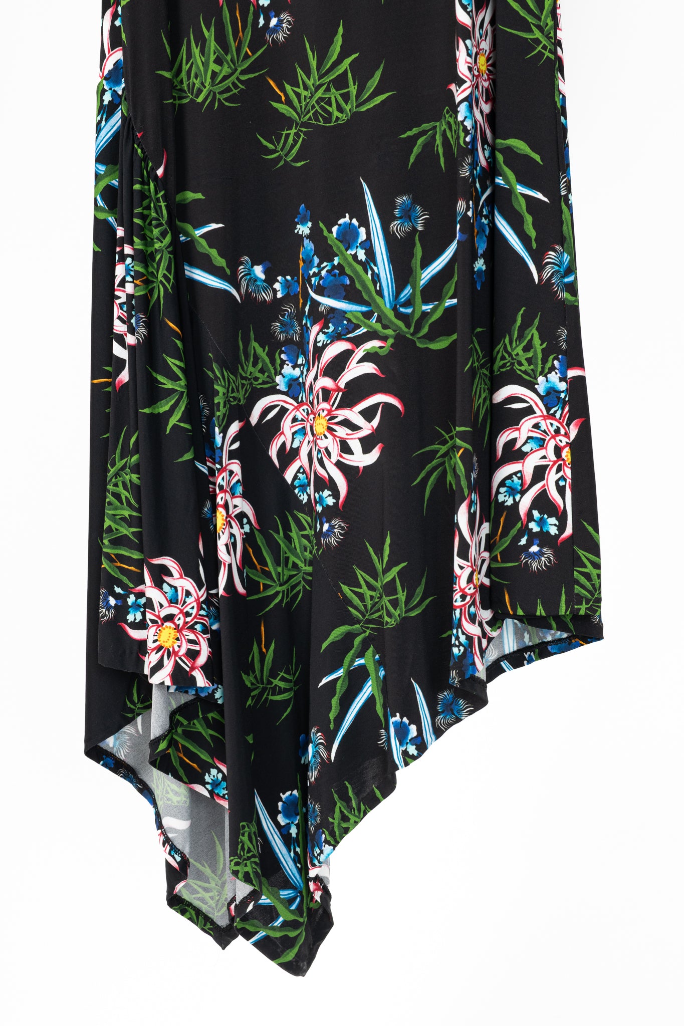 Kenzo SS20 Black Sea Lily Long Sleeve Asymmetrical Midi Dress