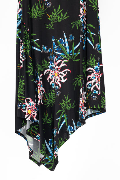 Kenzo SS20 Black Sea Lily Long Sleeve Asymmetrical Midi Dress