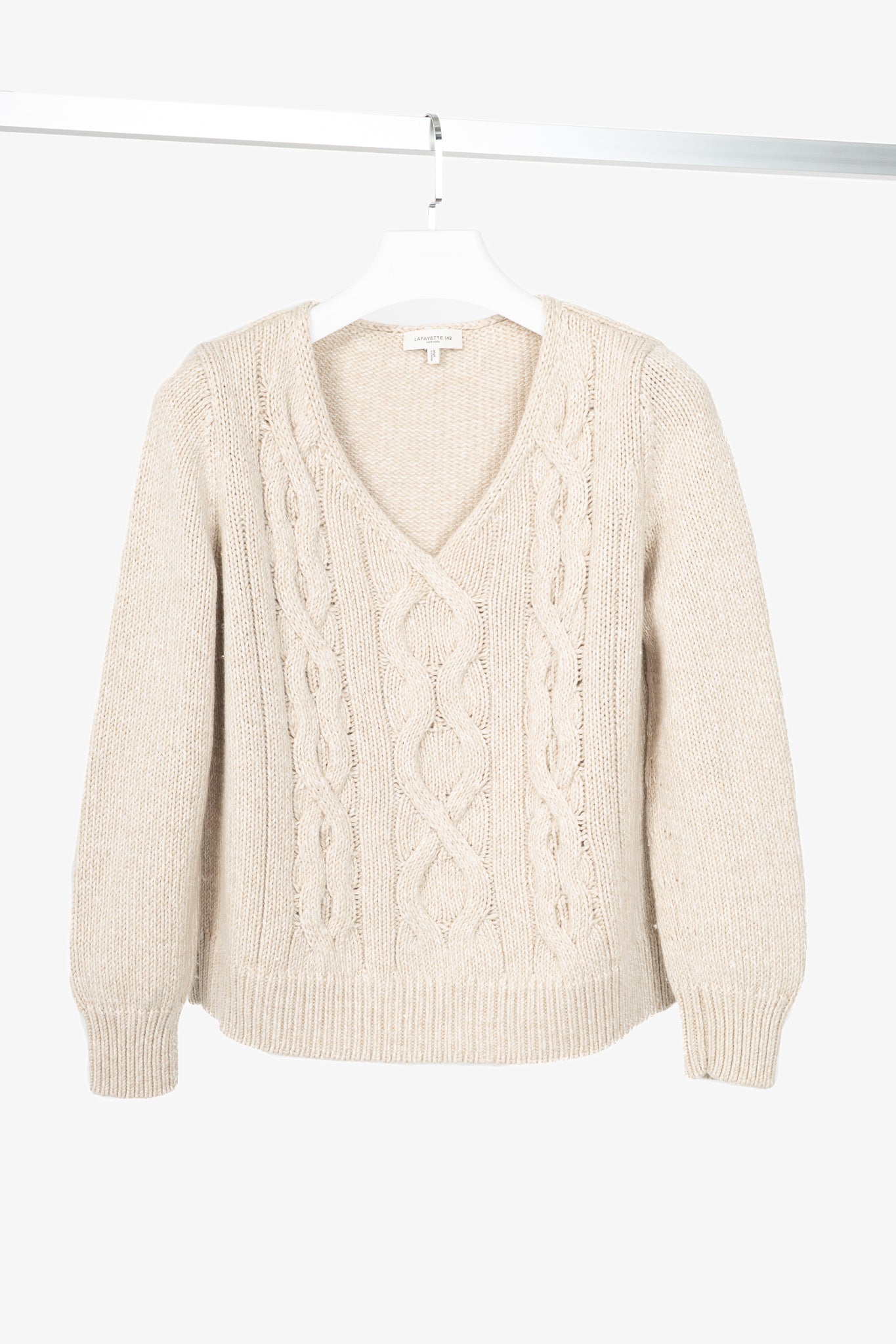 Lafayette 148 Metallic Beige Wool & Cashmere Cable-Knit Sweater