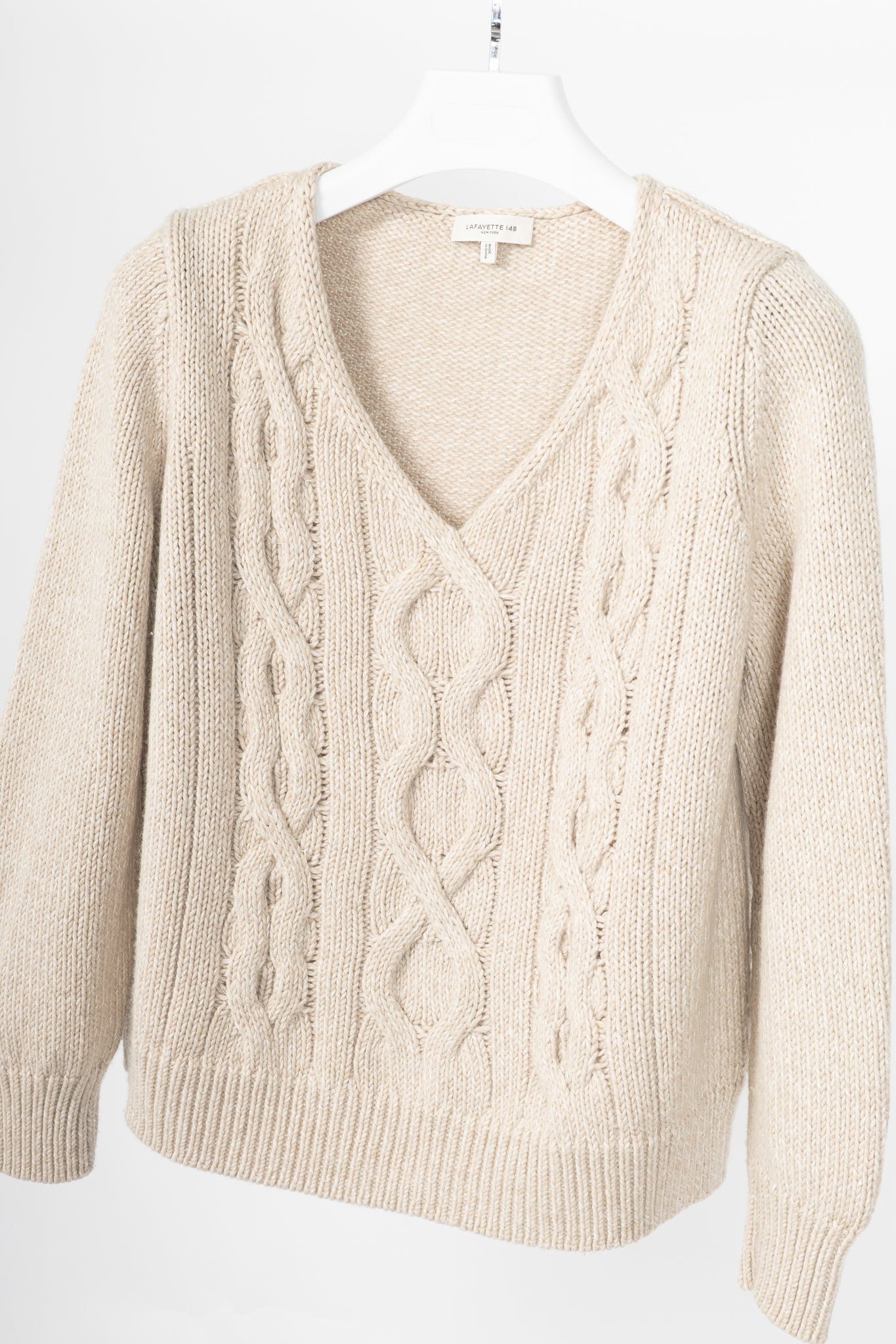 Lafayette 148 Metallic Beige Wool & Cashmere Cable-Knit Sweater