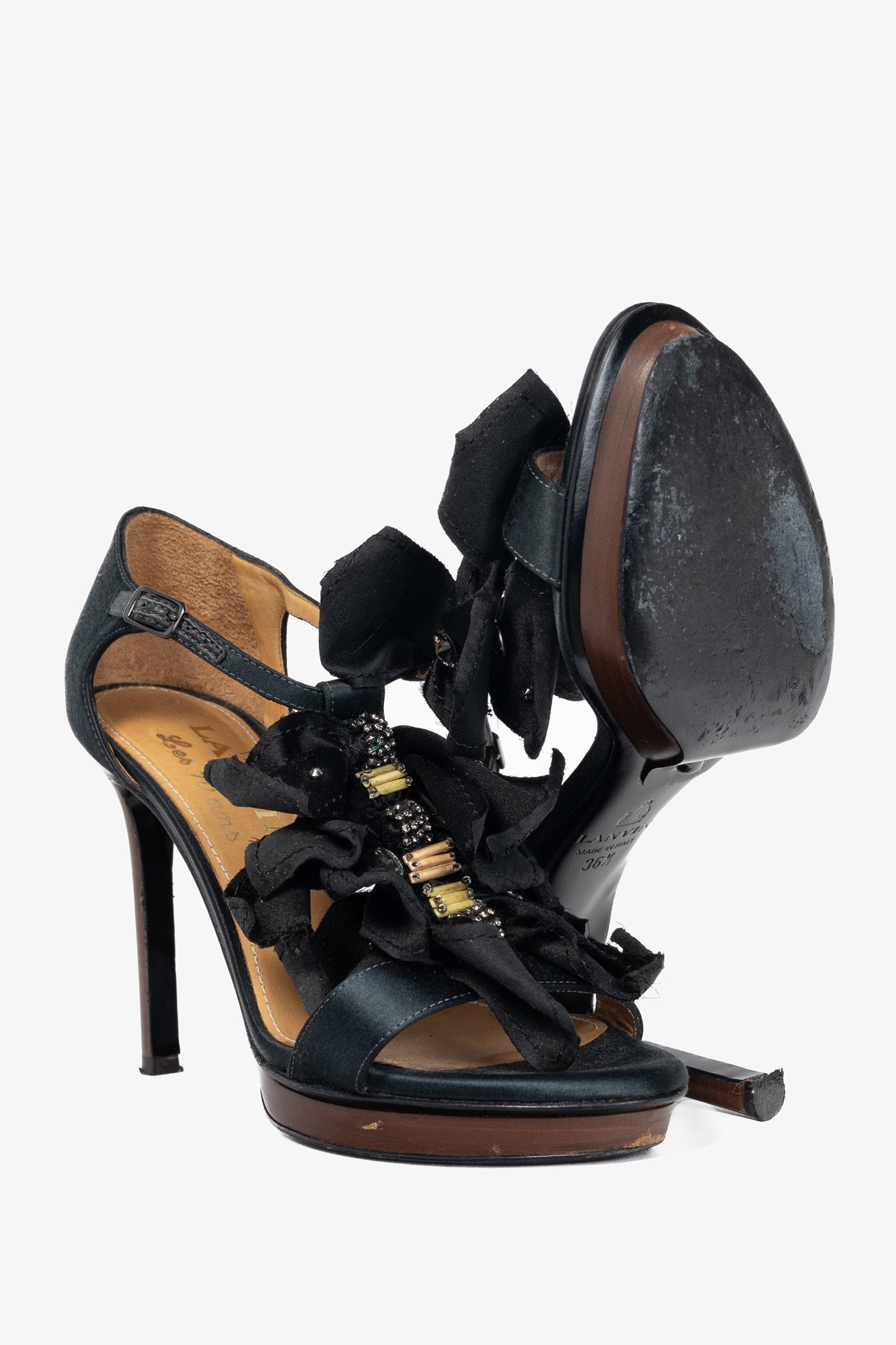 Lanvin AW12 "Les 10 Ans" Black Satin Embellished-Bow Platform Sandals