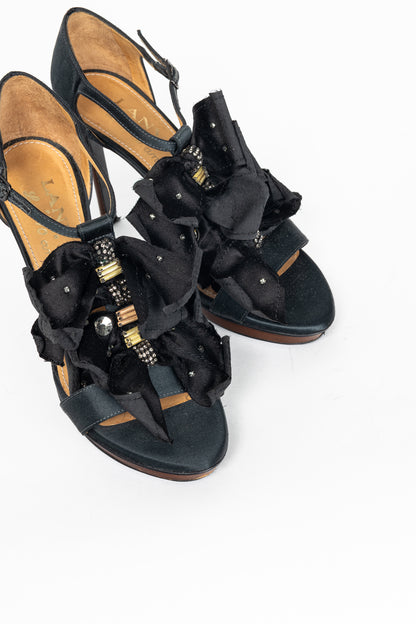 Lanvin AW12 "Les 10 Ans" Black Satin Embellished-Bow Platform Sandals