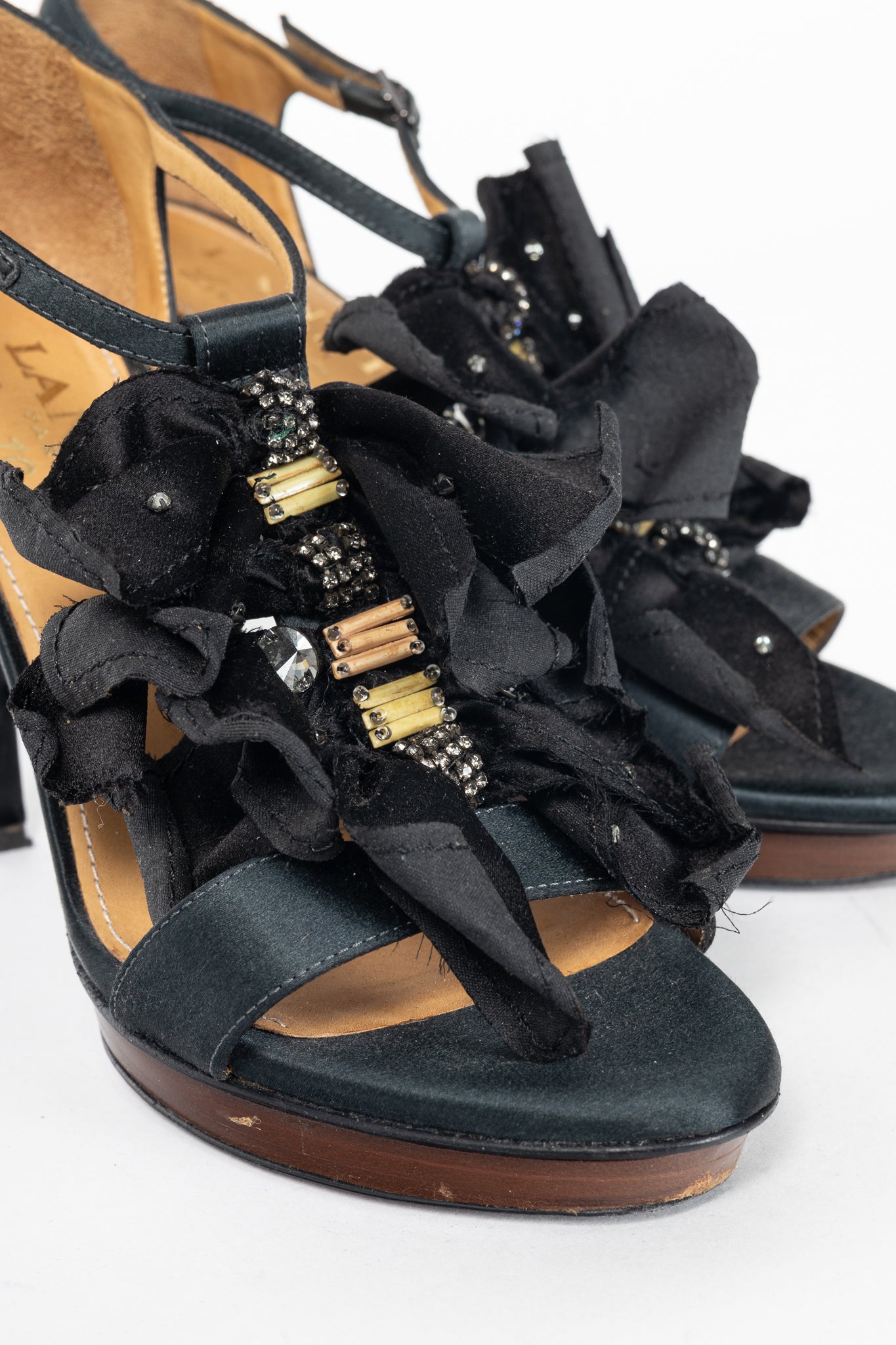 Lanvin AW12 "Les 10 Ans" Black Satin Embellished-Bow Platform Sandals