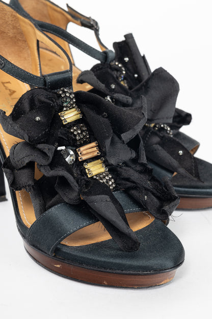 Lanvin AW12 "Les 10 Ans" Black Satin Embellished-Bow Platform Sandals